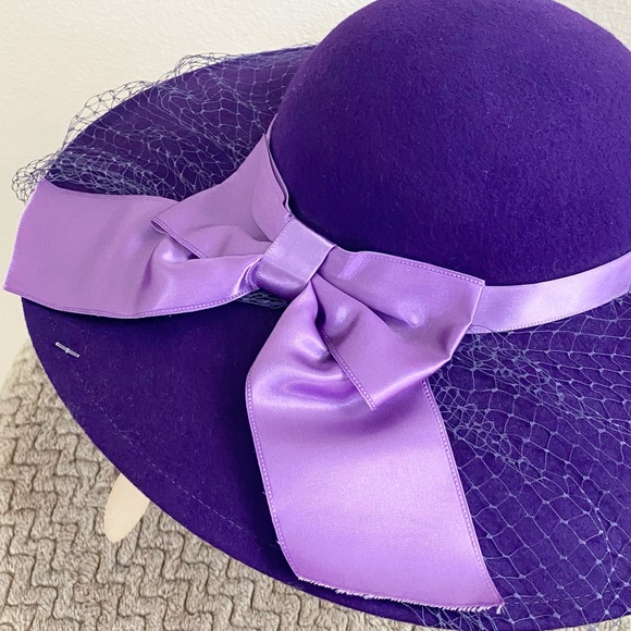 NWT. DOESKIN | Vintage Purple Mesh And Bow Wide Brim Hat OS - Picture 8 of 12